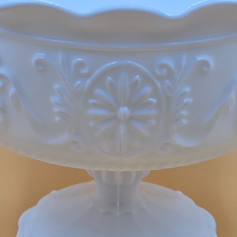 Indiana Glass Medallion Milk Glass Compote Pedestal Bowl - Picture 4 of 7